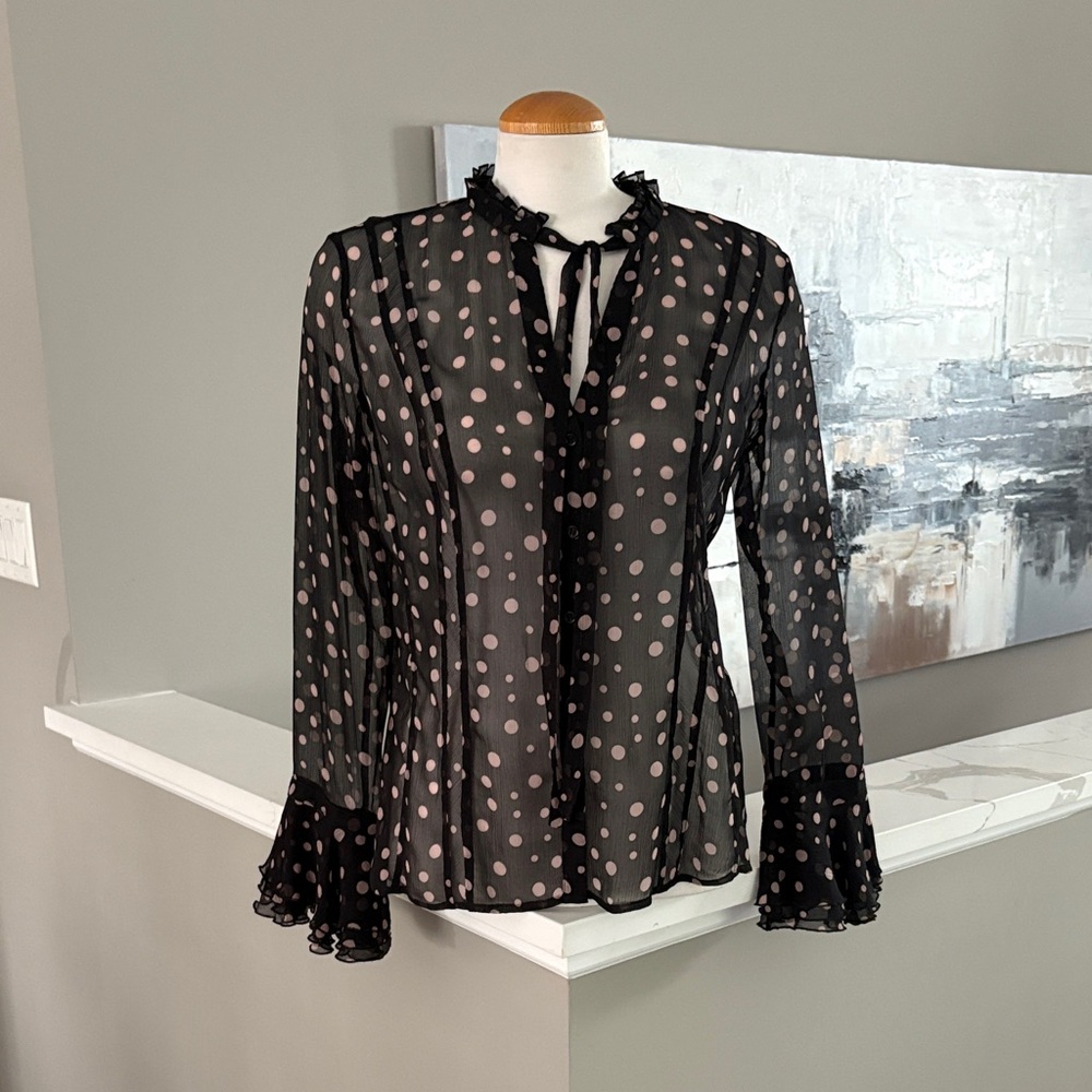 INC International Concepts Black Sheer Blouse with Pink Dots